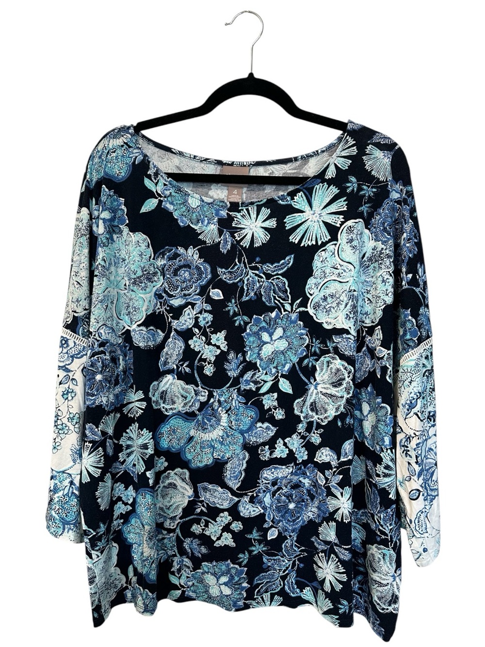 Chicos Mixed Floral 3/4 Sleeve Knit Top Blue White SZ 4 (XXL)